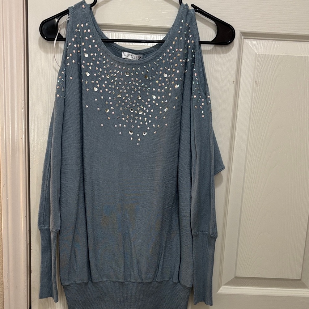 VENUS Blue Cold Shoulder Blouse with Embellishments